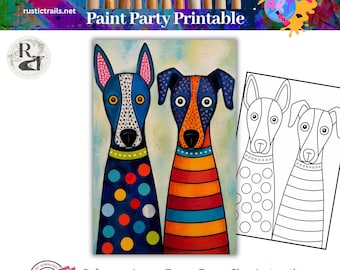 Atelier de peinture, Peinture de chien style art populaire fantaisiste, Gabarit dessiné, Kit de décalquage, Tutoriel étape par étape, Leçon d'art imprimable, Cercle chromatique, Conseils