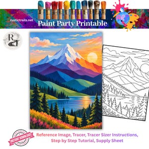 May include: A Paint Party Printable set featuring a colorful landscape painting of a snow-capped mountain, a lake, and pine trees at sunset, alongside a black and white line art tracer version, with text reading Paint Party Printable.