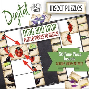 May include: A digital drag and drop puzzle activity for Google Slides featuring 56 four-piece insect puzzles. The image shows a ladybug puzzle with red and black accents.