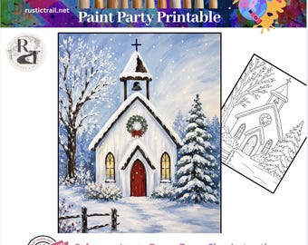 Kit de ferramentas para pintura: Igreja de Natal na Neve - Modelo pré-desenhado para desenho, tutorial passo a passo, aula de pintura para imprimir, download digital.