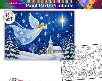 Paint Party, Anjo de Inverno das Estrelas - Modelo Pré-Desenhado, Kit de Ferramentas para Desenho, Tutorial de Pintura Passo a Passo para Imprimir - Dicas de Aula de Arte para Pintura
