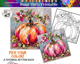 Paint Party, Autumn Fall Orange and Pink Pumpkin, & Bird Pre Drawn Template Canvas Toolkit Tutorial, Printable Art Painting Lesson, Tracer