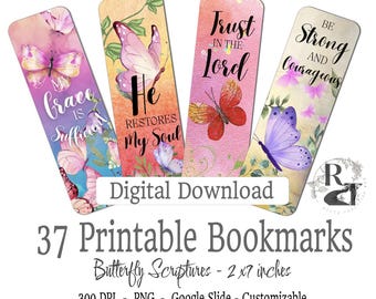 37 marcadores de mariposas con las Sagradas Escrituras - Descarga digital - 2 x 7 pulgadas 300 DPI, Personalizable, Uso físico ilimitado, Regalos, Bodas, Escuela, Biblioteca