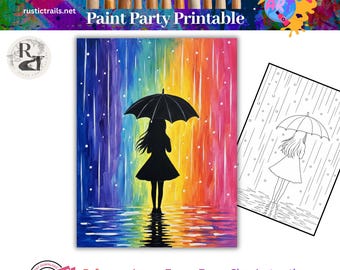 Fiesta de pintura, Niña caminando bajo la lluvia de arcoíris, Plantilla prediseñada, Kit de herramientas de trazado, Tutorial de pintura paso a paso, Lección de arte imprimible, Consejos