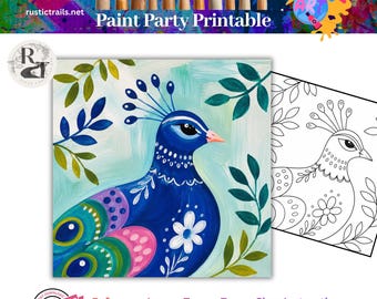Målarfest, folkkonst med blå påfågel, färdigritad mall, verktygslåda för canvas, handledning, utskrivbar konstmålningslektion, barn, lärarhandledning