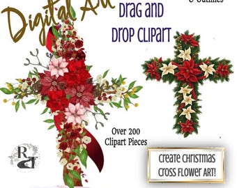 Create Beautiful DIY Christmas Cross Art with Flowers 250+ Clipart pieces Drag & Drop Design Shabby Chic Crafts, School, Holiday, Print Card