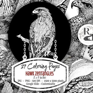 May include: 27 coloring pages featuring intricate hawk designs. Each page is 8 x 11 inches and includes a black and white illustration of a hawk with detailed patterns. The pages are perfect for adults and children who enjoy coloring and Zentangle art.