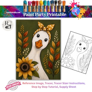 May include: A digital paint party printable featuring a white goose wearing a yellow polka dot headband, surrounded by sunflowers and autumn leaves on a green background, alongside a black and white line art tracer version of the same image.