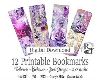 12 vackra bohemiska, skräp-, shabby chic-viktorianska bokmärken - digital nedladdning - 2x7 tum, 300 DPI, anpassa, lila rosor och blommor