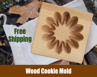 Wood Circle Embossed Cookie Biscuit Mold 3.94"x3.94"  w/ muslin bag - Springerle, Speculaas, Gingerbread, Shortbread  - Holiday Cooking