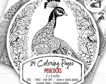 29 Peacock Zentangle Coloring Pages 8x11in 500 DPI PNG, Unlimited Physical Use, Scrapbook Crafts, Cards, Adult Coloring, Art, Journal