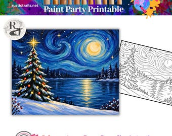 Paint Party, Modelo de Árvore de Natal Noite Estrelada Pré-Desenhado, Kit de Ferramentas para Desenho com Traçado, Tutorial Passo a Passo para Imprimir, Lição de Pintura Artística com Traçado.