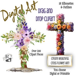 Maak prachtige diy kruis digitale kunst met bloemen 250+ clipartstukken Shabby Chic 8,5 x 11 in 500 DPI PNG Knutselen, school, plakboek, afdrukken