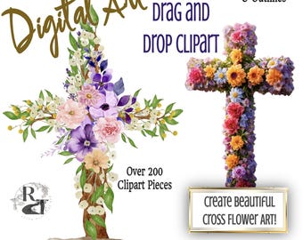 Create Beautiful DIY Cross Digital Art with Flowers 250+ Clipart pieces Shabby Chic 8.5x11in 500 DPI PNG Crafts, School, Scrapbook, Print