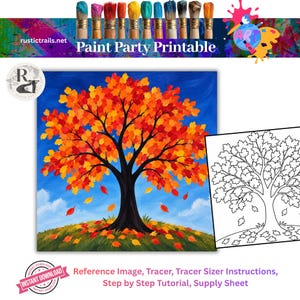 May include: A digital paint party printable featuring a colourful autumn tree with red, orange, and yellow leaves against a blue sky. The set includes a full-colour reference image, a black and white line art tracer, and instructional text.