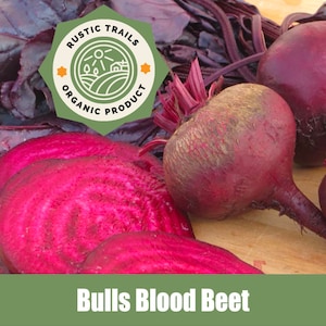 May include: A close-up of a bunch of red beets, some sliced, with the label "RUSTIC TRAILS ORGANIC PRODUCT" in a green circle. The text "Bulls Blood Beet" is at the bottom of the image.