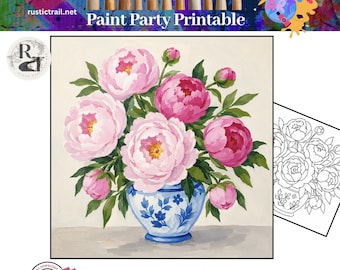 Malparty, Designvorlage „Rosa Pfingstrosen in einer Kanne“, vorgezeichnete Vorlage, Leinwand-Set, Anleitung, druckbare Kunst-Malstunde, Farbkreis