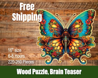 Beautiful and Intricate Wood Butterfly Puzzle - great for animal and nature lovers, gift 16"  with Mesh Bag - FREE Shipping