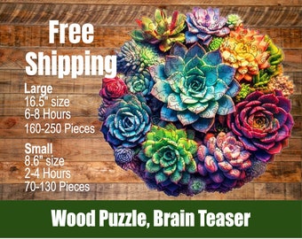 Beautiful & Intricate Succulents Wood Puzzle Brain Teaser - great for a nature lovers, gift 8.6"  with Mesh Bag - FREE Shipping