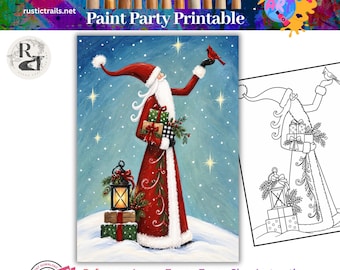 Paint Party, Papai Noel de Natal segurando um pássaro - Modelo pré-desenhado, Kit de ferramentas, Tutorial passo a passo para imprimir, Lição de desenho digital para pintura, Pintura digital