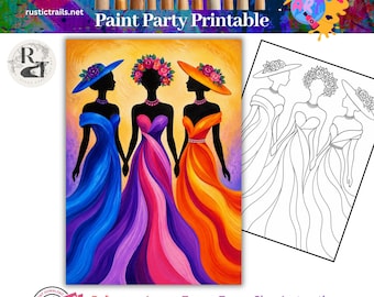 Atelier de peinture, 3 modèles de robes et chapeaux colorés pour femmes (pré-dessinés), kit de traçage, tutoriel de peinture étape par étape, leçon d'art imprimable, roue chromatique