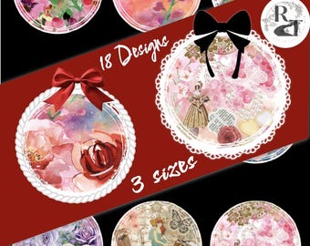 18 Victorian Circle Christmas Ornaments, Download Print 3 sizes 300 & 938 DPI, Tags Stickers, Wedding, Bohemian Boho, Junk Scrapbook