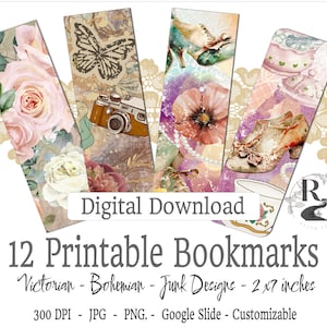 Puede incluir: Doce marcadores imprimibles con temática victoriana, bohemia y de diario de chatarra. Los marcadores miden 2 x 7 pulgadas y tienen 300 DPI. Los diseños incluyen patrones florales, mariposas, cámaras vintage, zapatos y tazas de té.
