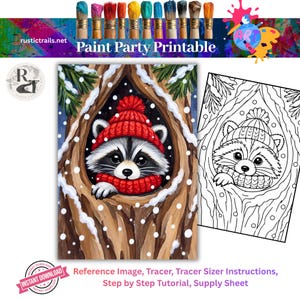 May include: A Paint Party Printable set featuring a colorful painting and a black and white line art tracer of a raccoon wearing a red knit hat and scarf inside a tree hollow during a snowfall, with text reading Paint Party Printable.
