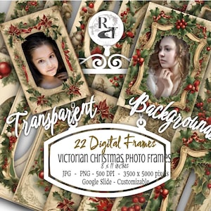 May include: 22 digital frames featuring Victorian Christmas designs. The frames are decorated with holly, poinsettia, and red ribbons. The frames are 8 x 11 inches and are available in JPG and PNG formats. They are 3500 x 5000 pixels and 500 DPI. They are customizable and can be used in Google Slides.