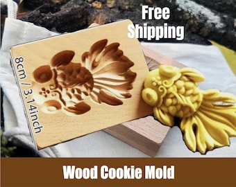 Wood Gold Fish Cookie Mold 3.24"x3.93"  w/ muslin bag - Springerle, Speculaas, Gingerbread, Shortbread  - Christmas Holiday Cooking Press