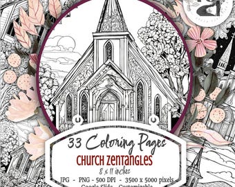 33 Kirchen Gebäude Zentangle Malvorlagen 8 x 11 in 500DPI, Scrapbook Crafts, Karten, Färbung, Kunst, Journal, Ostern, Weihnachten, Geschenk, Erwachsene