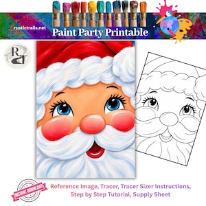 May include: A digital Paint Party Printable featuring a colourful illustration of Santa Claus with bright blue eyes, rosy cheeks, and a white beard, alongside a black and white line art tracer version. Text includes "rustictrails.net" and "Paint Party Printable".