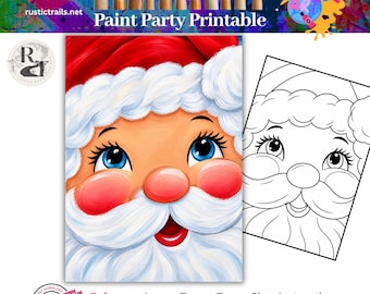 May include: A digital Paint Party Printable featuring a colorful illustration of Santa Claus with bright blue eyes, rosy cheeks, and a white beard, alongside a black and white line art tracer version. Text includes "rustictrails.net" and "Paint Party Printable".