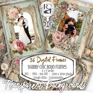 May include: Set of 36 digital frames with a shabby chic boho theme. The frames are 8 x 11 inches and have a light blue background with floral accents. The frames are customizable and can be used for photos, artwork, or other digital projects.