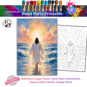 May include: A digital paint party printable set featuring a colorful illustration of a figure in a white robe walking into the ocean at sunrise, alongside a black and white line art tracer version, with text reading Paint Party Printable.