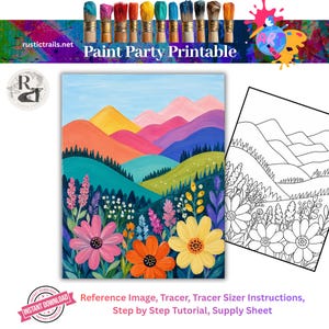 Op de afbeelding: Een Paint Party Printable set met een kleurrijk landschapsschilderij van heuvels, bergen en bloemen in roze, oranje en geel op de voorgrond. Inclusief een zwart-wit lijntekening, een materialenlijst en een stapsgewijze handleiding.