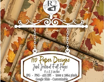 110 Junk Journal Fall Leaves & Pumpkins Scrapbook Paper 11 x 8.5 inches 55 pages Download 455 DPI PNG, Unlimited Physical Use, Clipart