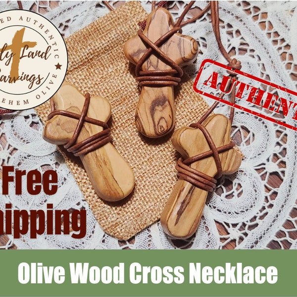 Beautiful Authentic Bethlehem Hand Carved Holy Cross 2.5" Olive Wood Necklace with Leather Cord, Burlap Bag, and Certificate - FREE Shipping