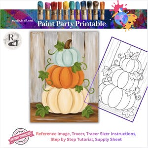 Atelier de peinture, Citrouilles d'automne empilées, Gabarit pré-dessiné, Kit de toile, Tutoriel, Leçon de peinture à imprimer, Roue chromatique, Modèle à tracer