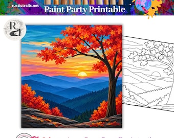 Festa da Pintura, Pôr do Sol de Outono sobre a Montanha, Modelo Pré-Desenhado, Kit de Ferramentas para Tela, Tutorial de Pintura Artística para Imprimir, Decalque, Cor