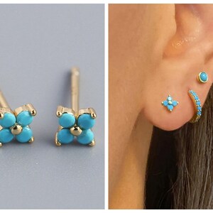 1 Pair Sterling Silver, Genuine Turquoise Tiny Star Stud Earrings, Flower Earrings, Dainty Earrings Minimal Stud 6 Colors Available YCZ602