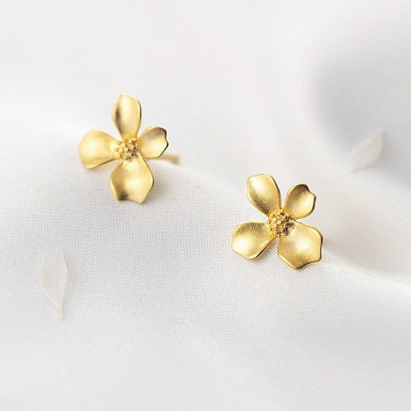 Sterling Silver One Pair Solid 925 Flower Stud Earrings, Vermeil Gold Tone Tiny Earrings, Dainty Earrings, Delicate Stud, Minimal Stud YCZ54