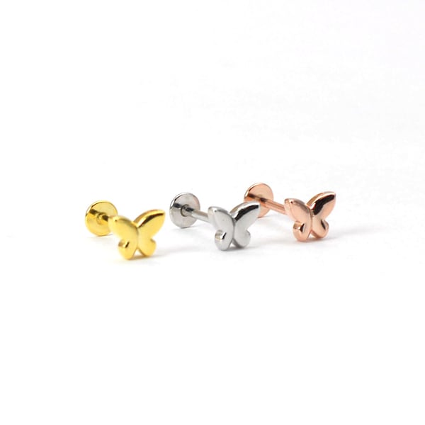 1 PC or 1 Pair Vermeil, Sterling Silver Butterfly Threadless Push In Flat Back Labret, Conch, Cartilage Stud Earrings, Tragus 18g YCZ2007