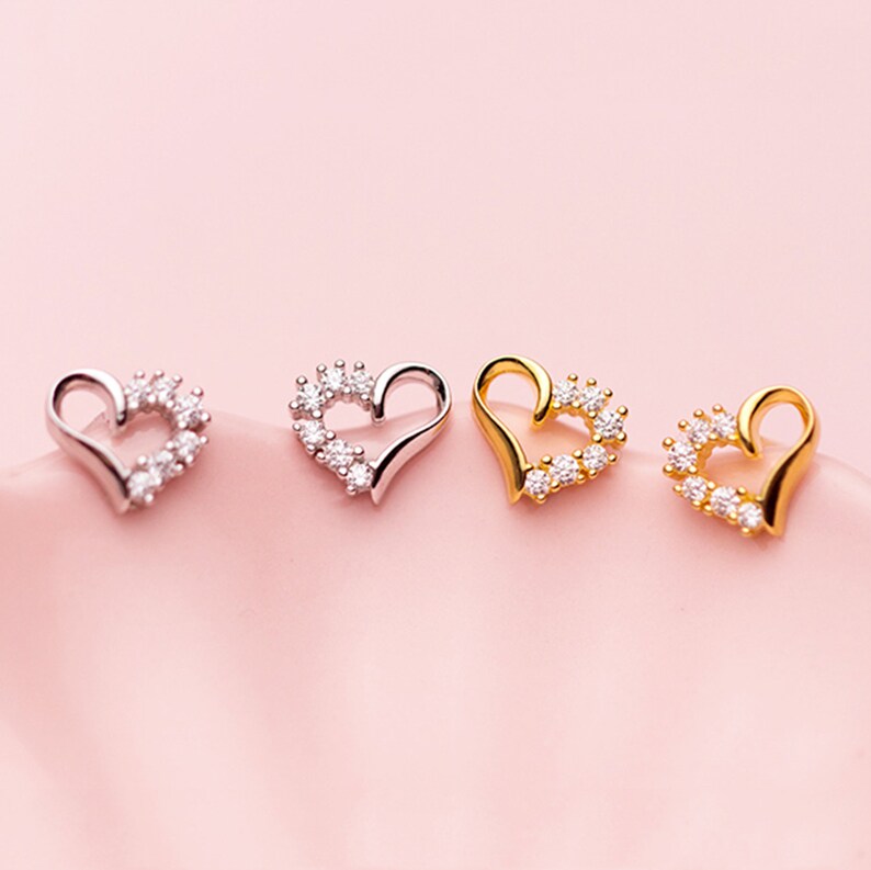 Sterling Silver Cubic Zircon Tiny Heart Stud Earrings Micro Pave Earrings Delicate Stud Minimal Stud 2 Colors YCZ49 Dainty Earrings