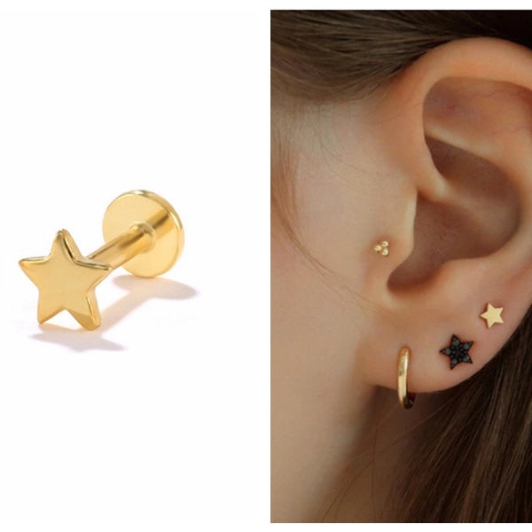 1 PC or 1 Pair Vermeil, Sterling Silver Star Threadless Push In Flat Back Labret, Conch Earring, Cartilage Stud Earrings, Tragus 18g YCZ2008