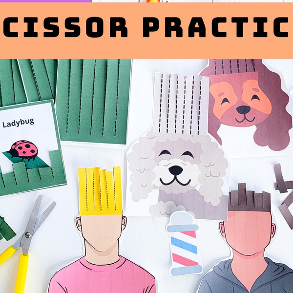 Toddler Scissor Practice Activities - Learning - Haircut - Cutting Sheet - Printable Worksheet - Preschool - Homeschool - Activity Sheets