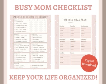 Busy Mom Planner - Printable Checklist - Organized Life - Cleaning Checklist - Printable Planner - Meal Plan - Daily Schedule - To Do List