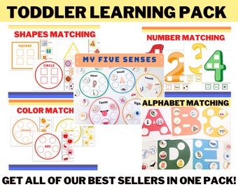 Toddler Learning Pack Matching Activity - Five Senses, Numbers, Colors, Shapes & Alphabets - Sorting - Learning - Preschool - Homeschool