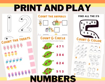 Toddler Number Activities - PRINT AND PLAY - Counting  Learning - Busy Book - Printable Worksheet - Preschool - Homeschool - Activity Sheets