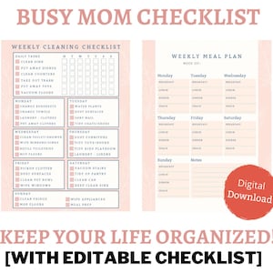 EDITABLE Busy Mom Planner- Printable Checklist- Organized Life- Cleaning Checklist- Printable Planner- Meal Plan- Daily Schedule- To Do List
